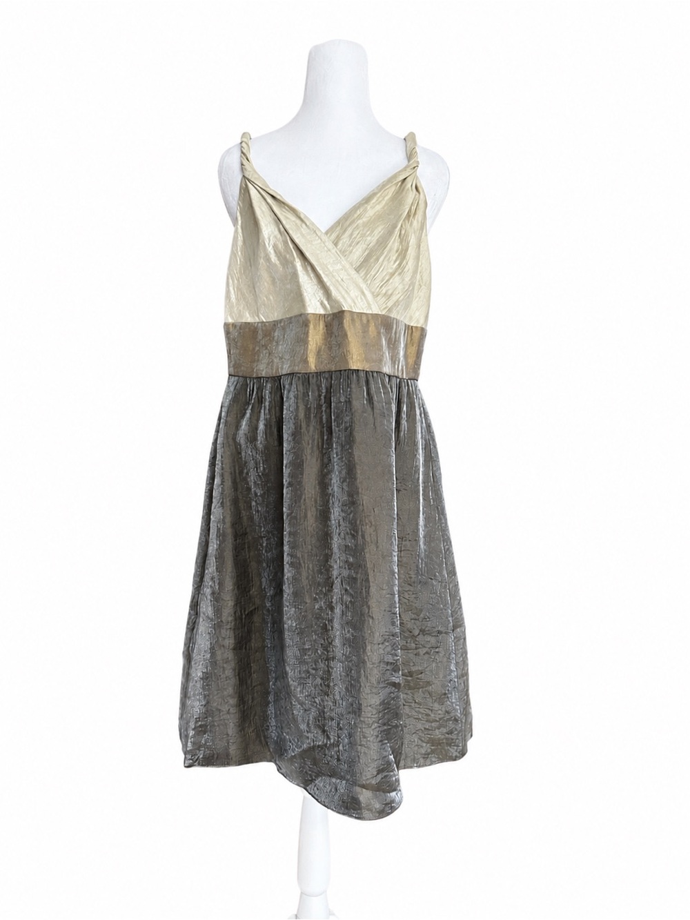 Adrianna Papell Size 14 Shimmer Metallic Cocktail Dress V-Neck Colorblock Midi